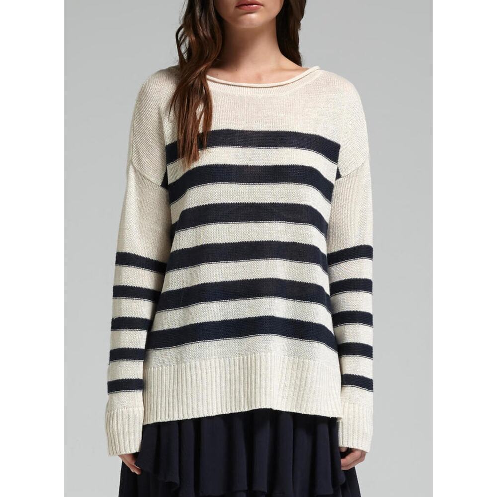 Joie Linen Pullover Fisherman Sweater Size L Navy Blue‎ Ivory Striped Knit